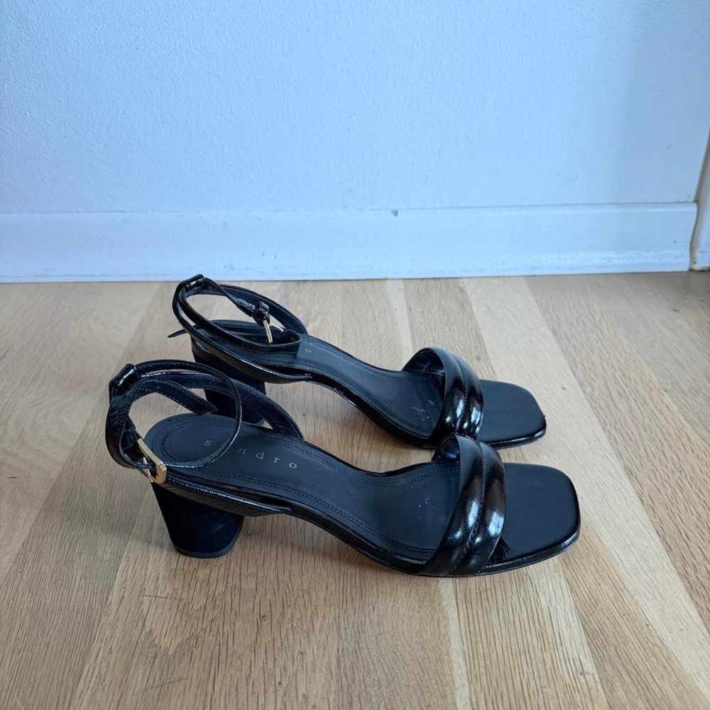 Sandro black patent leather block heel sandals with ankle strap